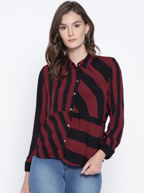 

ONLY Women Burgundy & Black Striped Casual Shirt