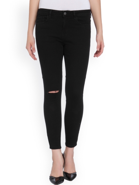 

ONLY Women Black Skinny Fit Mid-Rise Slash Knee Jeans