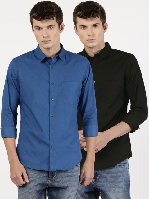 

ether Pack of 2 Solid Slim Fit Casual Shirts, Black
