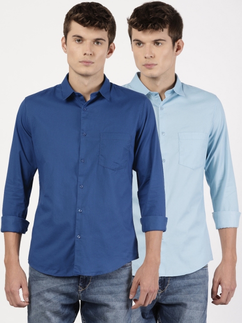 

ether Pack of 2 Solid Slim Fit Casual Shirts, Blue