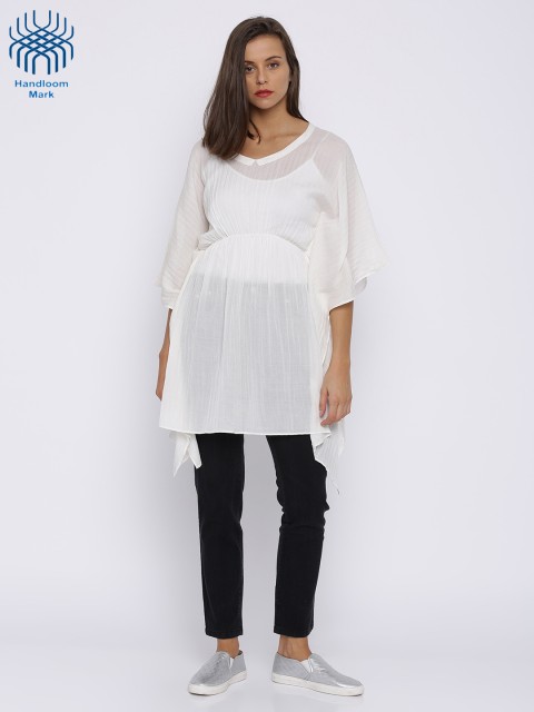 

IndusDiva Loomnic Women Off-White Self Design Longline Handloom Kaftan Top