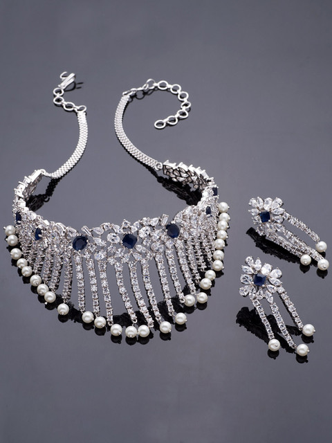 

Studio Voylla Princess of Wales Women Silver toned Stone studded Floral-shaped Tasseled Jewellery Set