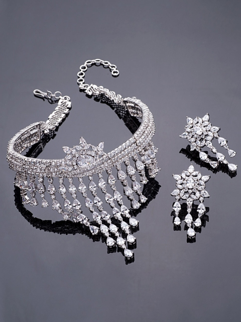 

Studio Voylla Princess of Wales Women Silver toned Stone studded Floral-shaped Jewellery Set