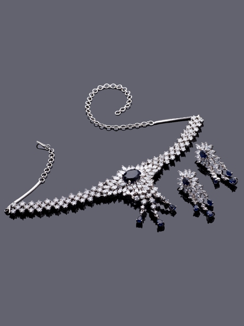 

Studio Voylla Princess of Wales Women Silver toned Stone studded Floral-shaped Tasseled Jewellery Set
