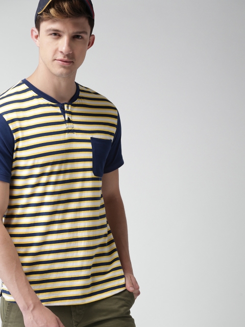 

Harvard Men Yellow & Navy Striped Round Henley-Neck T-shirt