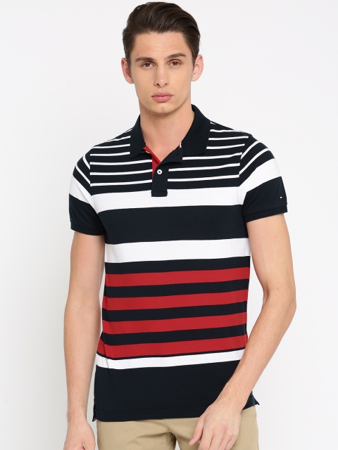 

Tommy Hilfiger Men Navy Blue Striped Polo Collar T-shirt