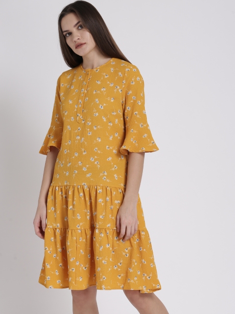 

Chemistry Women Mustard Yelllow Printed Drop-Waist Dress