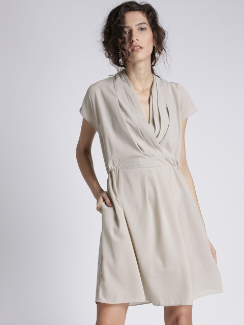 

Chemistry Women Beige Solid A-Line Dress with Gathers