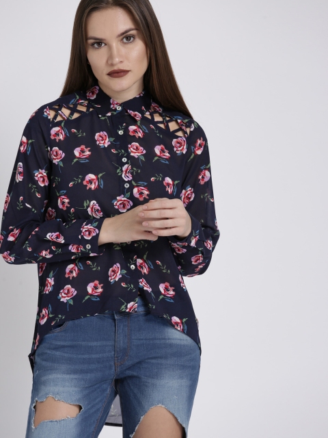 

Chemistry Women Navy Blue Regular Fit Printed Casual Shirt