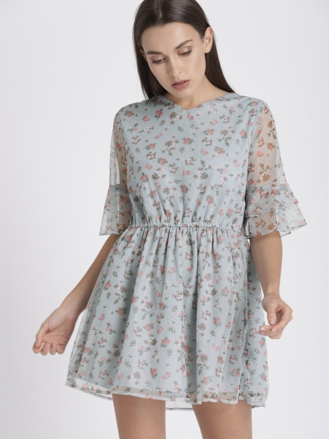 

Chemistry Women Blue Printed Semi-Sheer A-Line Net Dress