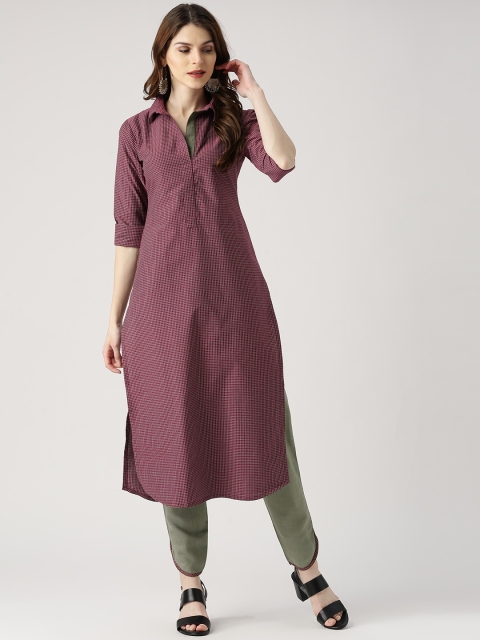 

Libas Women Maroon & Grey Checked Kurta with Trousers