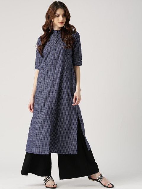 

Libas Women Navy & White Checked A-Line Kurta, Navy blue