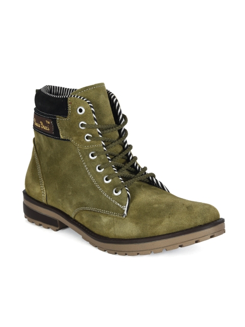 

bacca bucci Men Olive Green Solid Suede High-Top Flat Boots