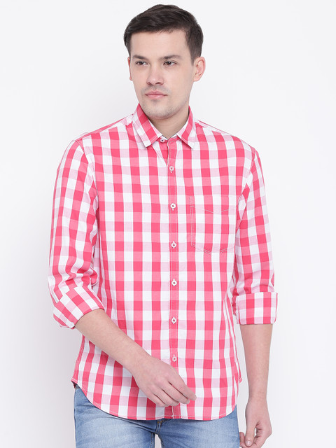 

John Players Men Pink & White Trim Fit Checked Casual Shirt