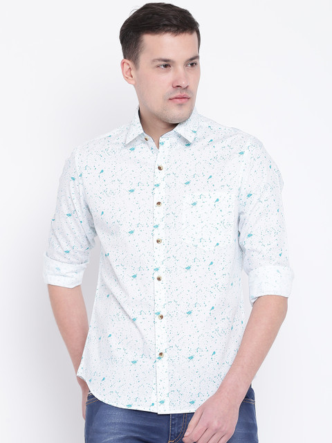 

John Players Men White & Sea Green Regular Fit Printed Casual Shirt