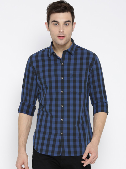 

John Players Men Blue & Black Trim Regular Fit Checked Casual Shirt