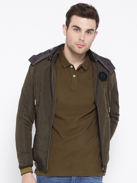 

Fort Collins Men Olive Brown Solid Hooded Bomber Jacket