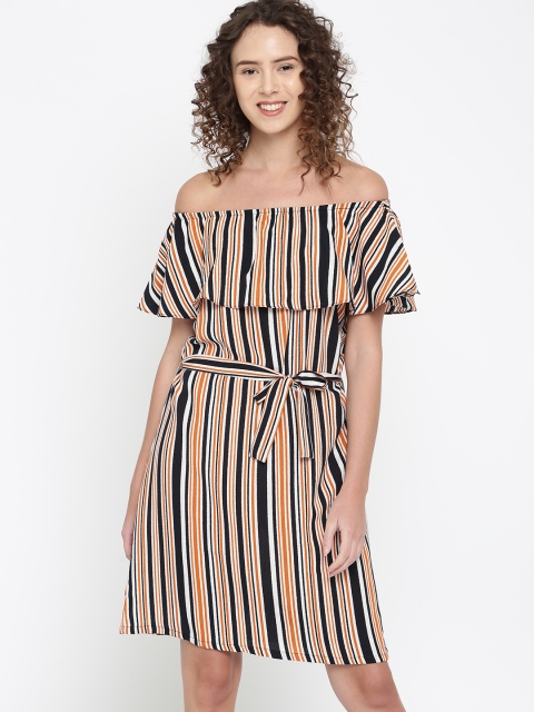 

DressBerry Women Navy & Off-White Striped A-Line Dress, Navy blue