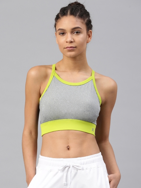 

HRX by Hrithik Roshan Grey Melange & Green Solid Non-Wired Lightly Padded Sports Bra