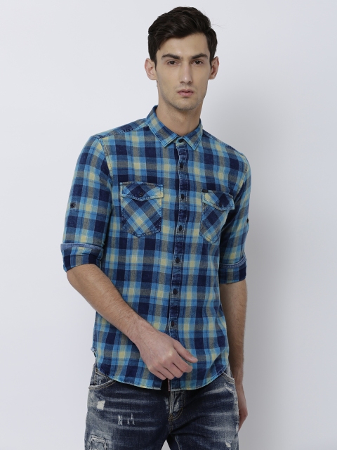

LOCOMOTIVE Men Blue Slim Fit Checked Casual Shirt