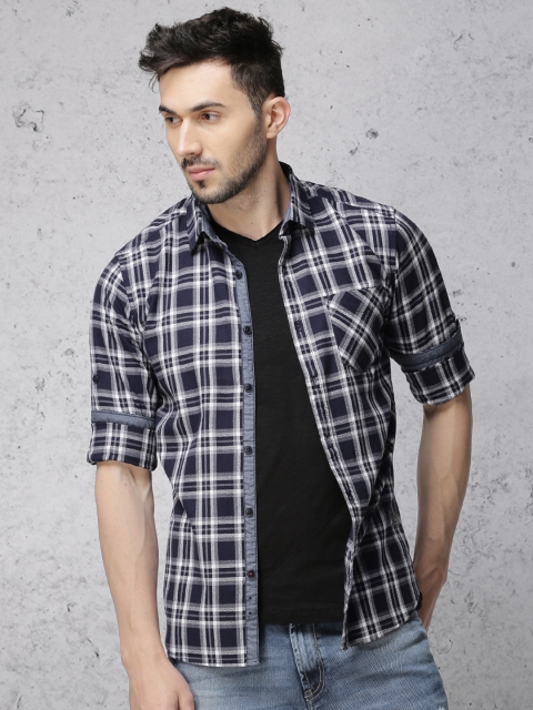 

Ecko Unltd Men Navy & White Slim Fit Checked Casual Shirt, Navy blue