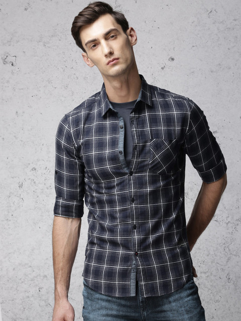 

Ecko Unltd Men Navy & Off-White Slim Fit Checked Casual Shirt, Navy blue