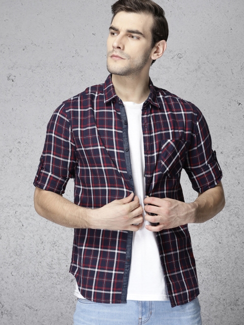 

Ecko Unltd Men Navy & Red Slim Fit Checked Casual Shirt, Navy blue