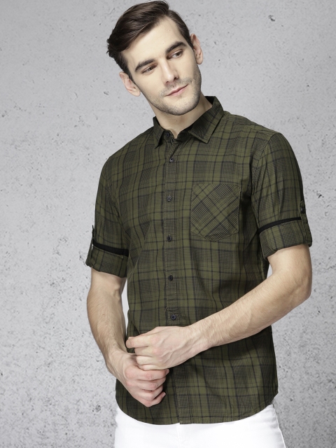 

Ecko Unltd Men Olive Green & Navy Blue Slim Fit Checked Casual Shirt