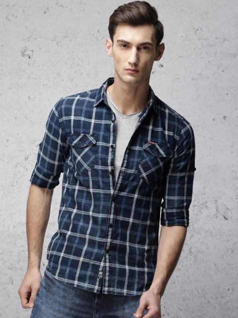 

Ecko Unltd Men Blue & Off-White Slim Fit Checked Casual Shirt