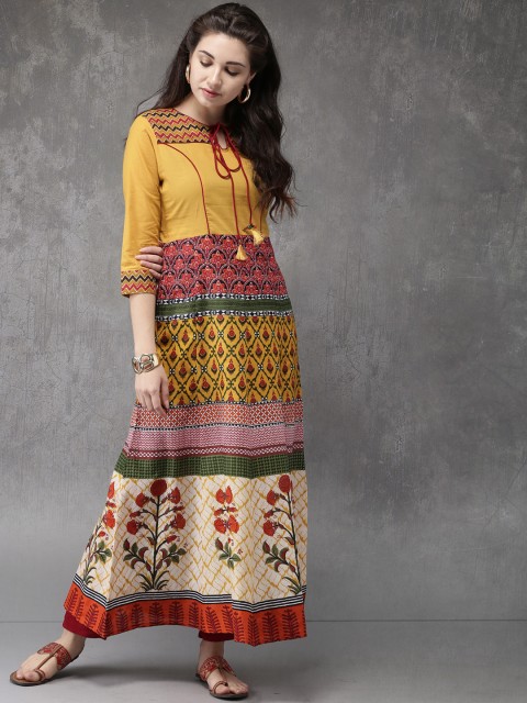 

Anouk Women Mustard Yellow & Red Printed Anarkali Kurta