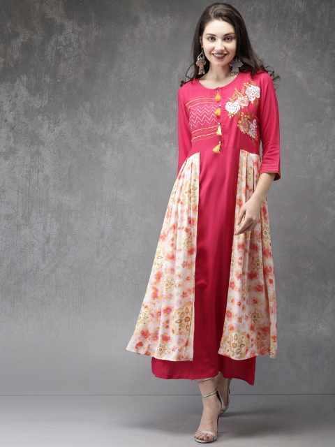 

Anouk Women Pink & Cream-Coloured Printed A-Line Kurta