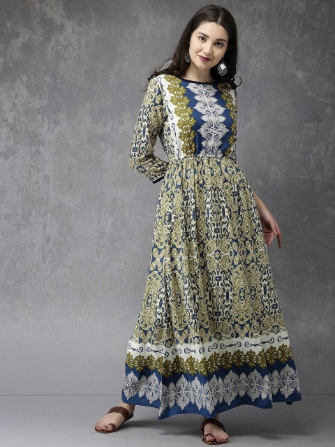 

Anouk Women Navy Blue & Olive Green Printed A-Line Kurta
