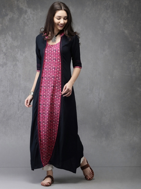 

Anouk Women Navy Blue & Pink Printed Straight Kurta
