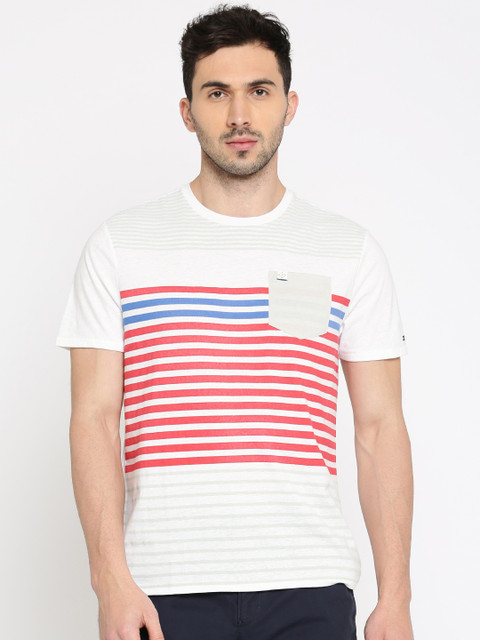 

Tommy Hilfiger Men White & Red Striped Round Neck T-shirt