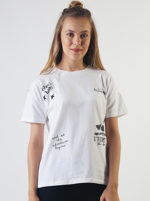 

Blue Saint Women White Printed Round Neck Slim Fit T-shirt