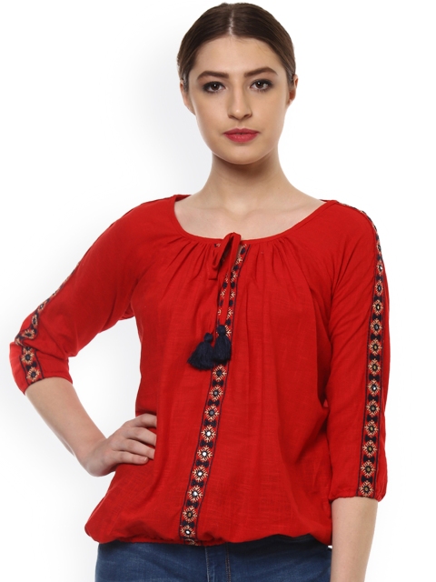 

Sringam Women Red Solid Blouson Pure Cotton Top