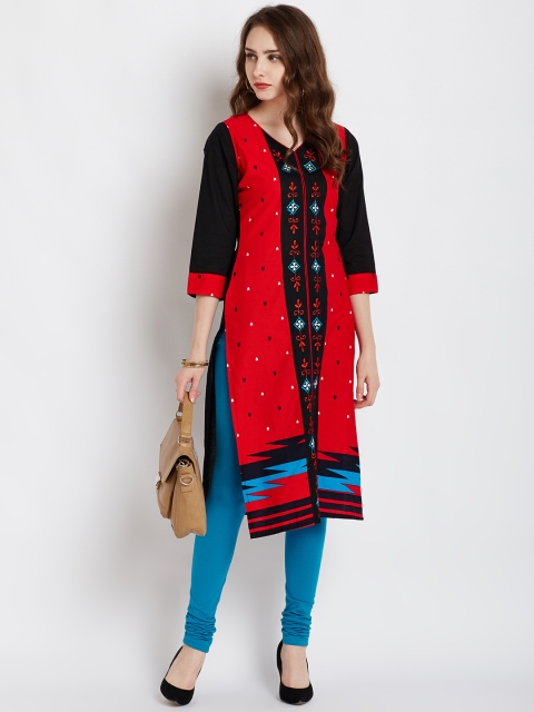 

AgrohA Women Red & Black Printed Straight Kurta