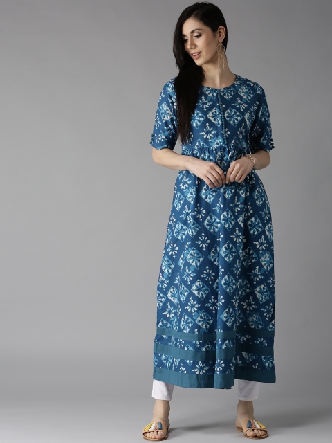

HERE&NOW Women Blue & Off-White Printed A-Line Kurta
