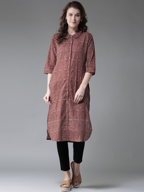 

HERE&NOW Women Maroon Checked Straight Kurta