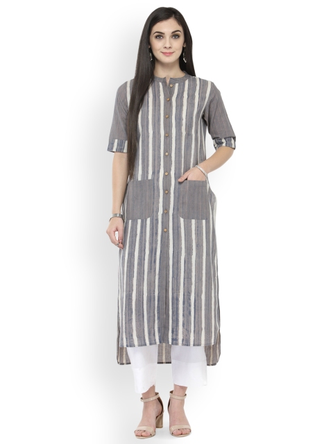 

Varanga Grey Striped Kurta With White Solid Trousers