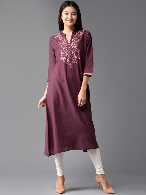 

Moda Rapido Women Burgundy Embroidered Detail A-Line Kurta