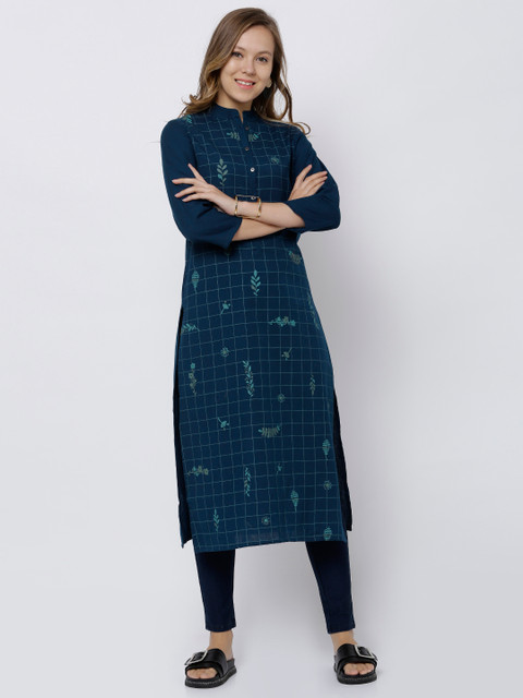 

Vishudh Women Navy Checked Straight Kurta, Navy blue