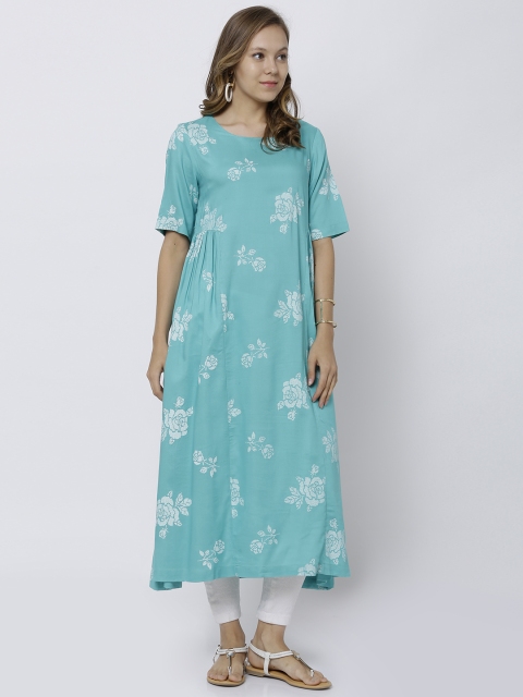 

Vishudh Women Turquoise Blue Printed A-Line Kurta
