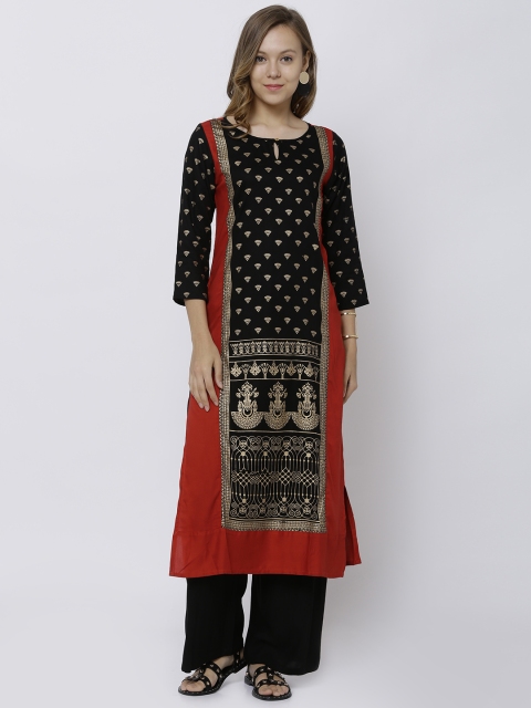 

Vishudh Women Rust Red & Black Printed Straight Kurta