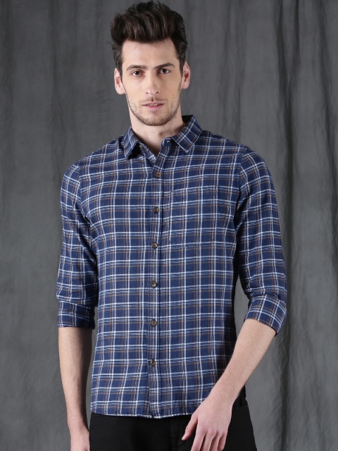 

WROGN Men Navy Slim Fit Checked Casual Shirt, Navy blue