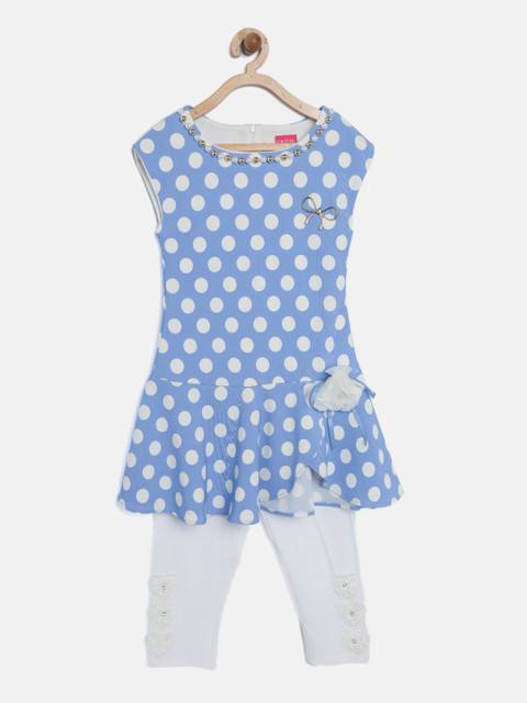 

Tiny Girl Blue & White Polka Dot Print Drop-Waist Dress with Leggings