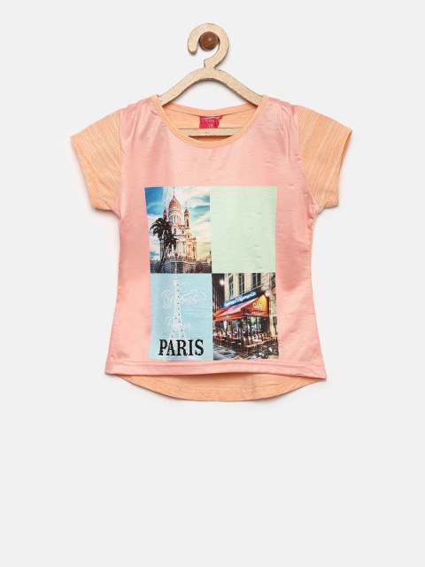 

Tiny Girl Peach-Coloured Printed Round Neck T-shirt