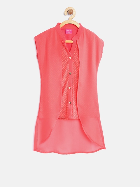 

Tiny Girl Coral Red Self-Design Layered High-Low Top