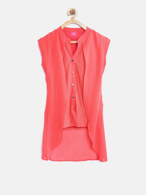 

Tiny Girl Coral Red Self-Design Layered High-Low Top