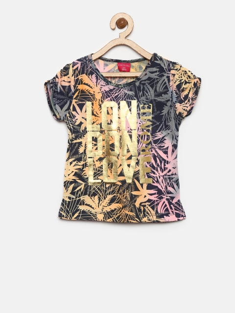 

Tiny Girl Navy & Orange Printed Round Neck T-shirt, Navy blue